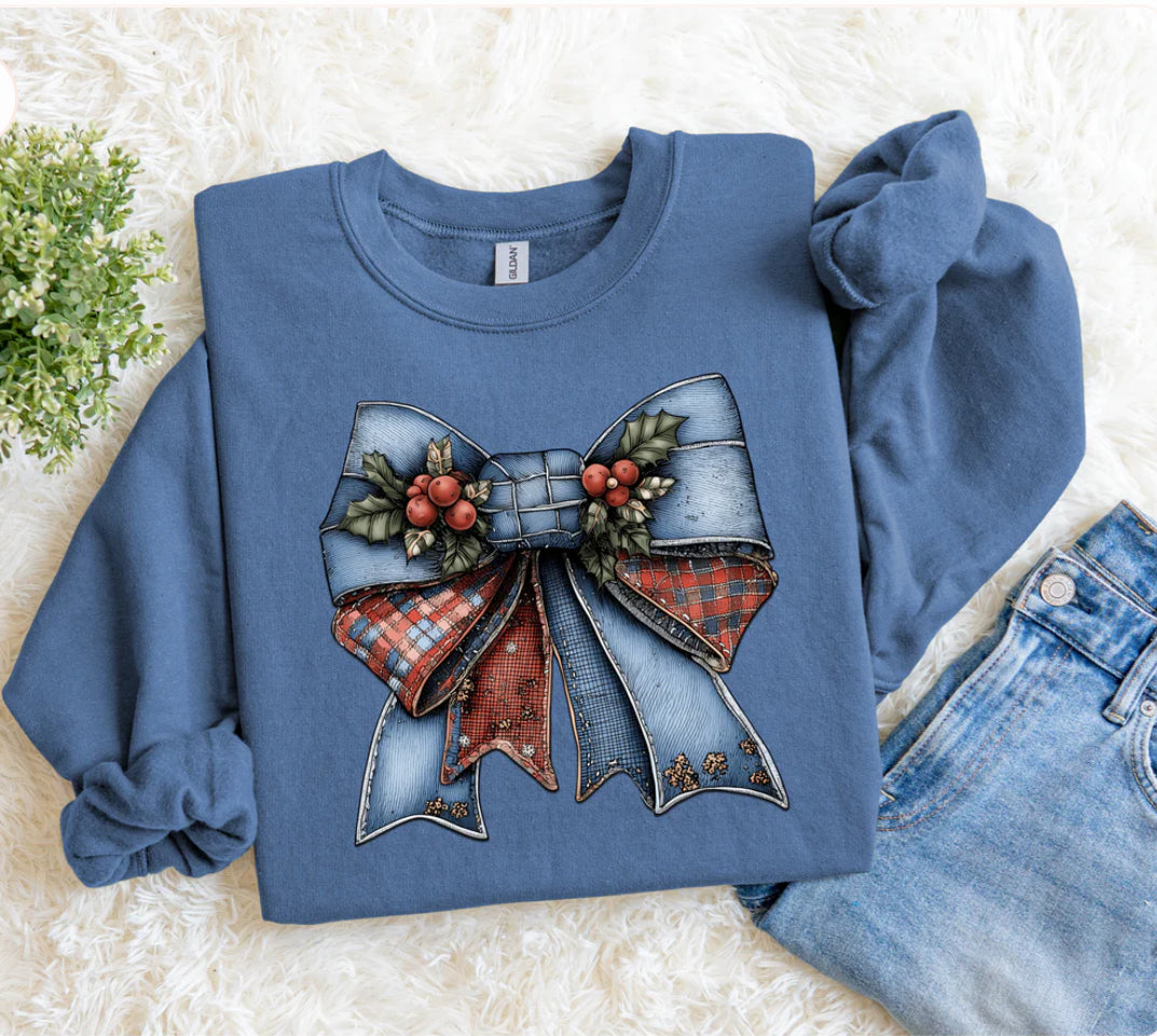 Patchwork Christmas Bow Sweatshirt - Final Sale